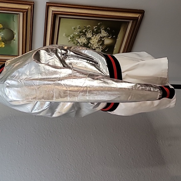 Silver metallic bomber jacket kids large black red stripes Haoduoyi brand - Picture 6 of 17